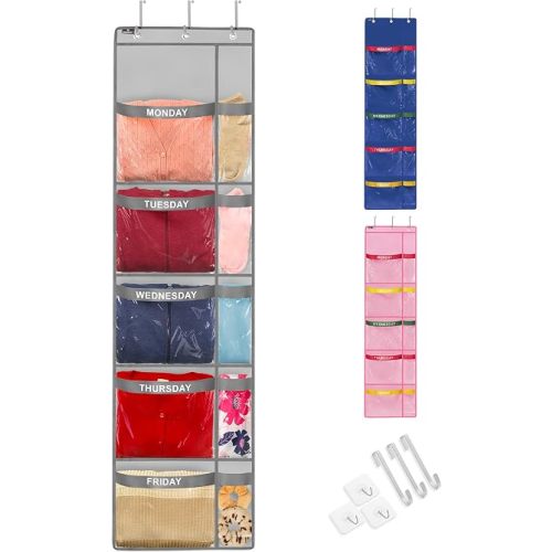 Handy Laundry Weekly Clothes Organizer for Kids – 5-Shelf Hanging Closet Organizer with Day of the Week Labels, Large & Small Pockets, Over Door or Wall Mount, Durable Fabric, Grey