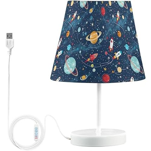 Bedside Lamp Space Planets Rockets Table Lamp Bedroom LED Nightstand Desk Lamp Lampshade for Sleeping Living Room Dorm Office