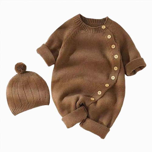 Splozh Baby Boy Clothes Knit Romper with Hat Side Button Long Sleeve Baby Sweater Jumpsuit Baby Romper,Brown,3-6 Months