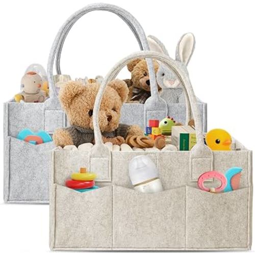 HIPHOP PANDA 2-Pack Diaper Caddy Organizer - Newborn Essentials Baby Registry Must Haves - Sturdy Nursery Storage Bin & Portable Car Caddy for Diapers & Wipes - Grey/Oatmeal Gift Set
