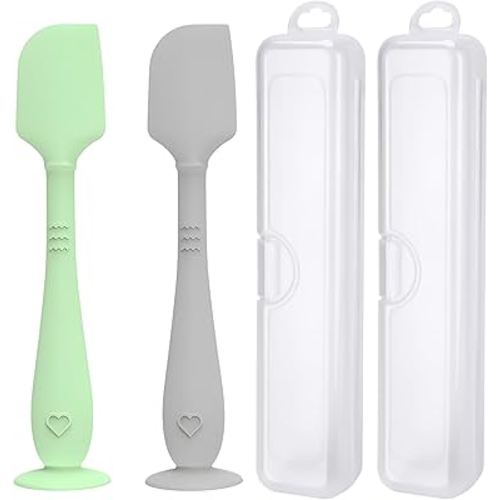 2 Pack Diaper Cream Spatula with Hygienic Travel Case, Butt Spatula Baby with Suction Base, Baby Butt Paste Spatula, Soft Silicone Diaper Rash Cream Applicator Large Size (Green & Gray)