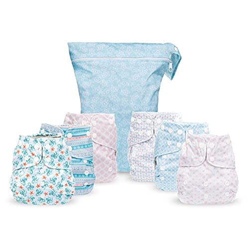 Simple Being Reusable Cloth Diapers, Double Gusset, One Size Adjustable, Washable Soft Absorbent, Waterproof Cover, Eco-Friendly Unisex Baby Girl Boy, six 4-Layers Microfiber Inserts (Stripes)