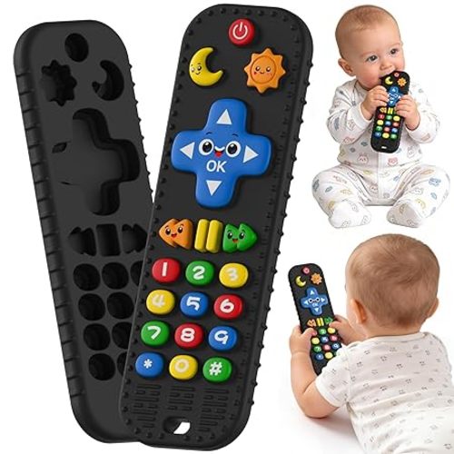 Baby Teething Toys Silicone Baby Remote Teether Over 3 Months - Baby Essentials Sensory Chew Toys - Baby Teether for Teething Relief - BPA Free Infant Toys Baby Shower Gifts (1, Black)
