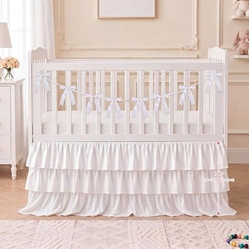 White Ruffled Crib Skirt with 8 Pcs Large Cot Bow 28" x 52" with 20" Drop Baby Crib Skirt Triple Layer Extra Long Boho Nursery Toddler Bed Dust Ruffle for Boys Girls Bedding