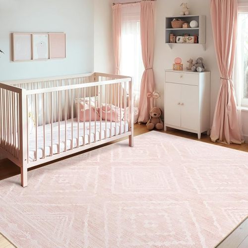 Area Rug 6x9 Rug Machine Washable Non-Slip Low Pile Print Pattern Western Rug for Living Room Bedroom Entryway Tribal Series -Light Pink/Cream