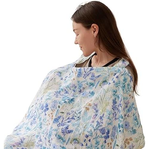 TILLYOU Muslin Nursing Cover for Baby Breastfeeding, 100% Cotton Breathable with Arch Neckline for Women, Blue Flower