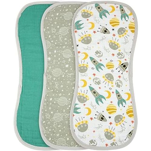 DREAMS & DIMPLES Muslin Burp Cloths (3 Pack) One Side Muslin, One Side Towel, Gender Neutral, 3 Layered Muslin Burp Rags, Large Wide Shoulder Absorbent Soft Burping Cloths (Gimme Some Space)