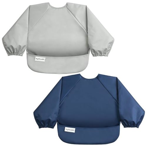 Tiny Twinkle Long Sleeve Bib for Babies & Toddlers | 2-Pack Waterproof Smock Bib for Eating | Machine Washable & Mess-Proof Feeding Essentials | Newborn Shower Gift (Grey Indigo,6–24M)