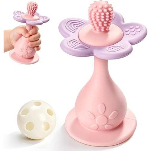 Baby Teething Toys 3-6 6-12 Months, Silicone Flower Teether and Rattle 0-6 Months, 360° Teething Toothbrush with Suction Base, Infant Chew Toys for Newborn 0-24 Months Gifts