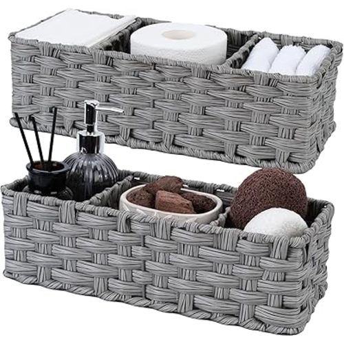 GRANNY SAYS Toilet Tray Tank Topper, Wicker Baskets for Storage, Set of 2 Waterproof Bathroom Basket for Organizing, Gray Bathroom Organization Baskets, 14¼" x 6" x 4¼"
