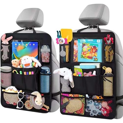 ULEEKA Car Backseat Organizer with 10" Table Holder, 9 Storage Pockets Seat Back Protectors Kick Mats for Kids Toddlers, Travel Accessories, 2 Pack