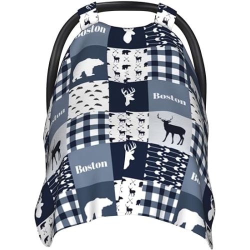 Personalized Woodland Deer Bear Blue Baby Car Seat Canopy for Babies with Name, Custom Baby Car Seat Covers for Boys, Opening Minky Nursing Breastfeeding Cover Infant Carseat Canopies for Newborn