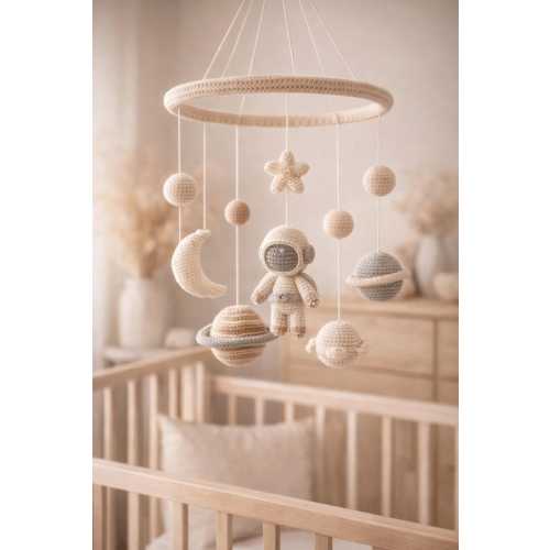Crochet Baby Mobile, Space Nursery Mobile, Handmade Crib Mobile, Astronaut Baby Mobile, Neutral Nursery Decor, Cotton Baby Gift