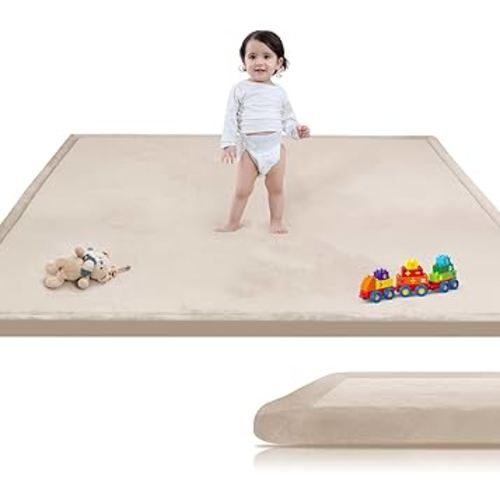 Baby Play Mat for Floor, 1.3" Thick Extra Large Cushioning Memory Foam Playpen Cushion, Soft Coral Velvet Tummy Time Mat with Non-Slip Backing, Child Nursery Rug for Toddlers, Kids (Beige, 79X59)