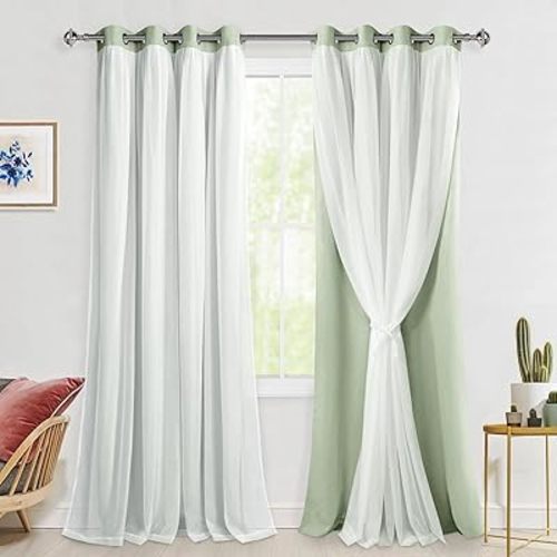 Hiasan Mix & Match Blackout Curtains with Sheer Overlay, Double Layer Thermal Insulated Privacy Grommet Window Curtains for Girls Bedroom, Living Room, 2 Drape Panels with Tiebacks, Seafoam, 52W X 96L