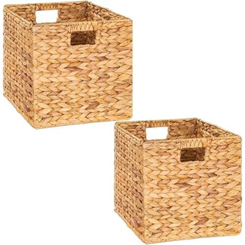 Storage Cube 10.5 x 10.5in, Wicker Storage Baskets for Shelves, Water Hyacinth Storage Baskets, Square Wicker Storage Basket (2 Packs 10.5in)