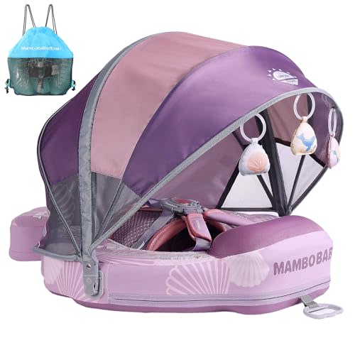 Mambobaby Float Add Tail Baby Swim Float with Canopy Solid Pool Infant Swim Trainer Swimming Training Lying Air Free Water Floats Non-Inflatable Waist Swim Ring for Toddlers (Shell - Purple)