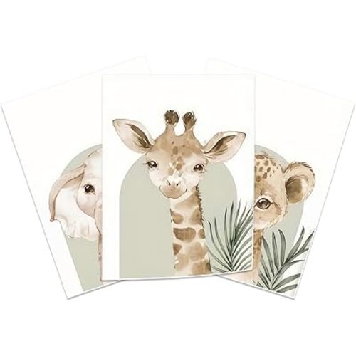 HNNXAR Nursery Poster Wall Art Set Of 3 Baby Boy Girls Kids Room Picture Wall Decor Jungle Safari Lion Elephant Giraffe Canvas Painting Cute Animal Prints For Children Toddlers Bedroom 12x16 Unframed