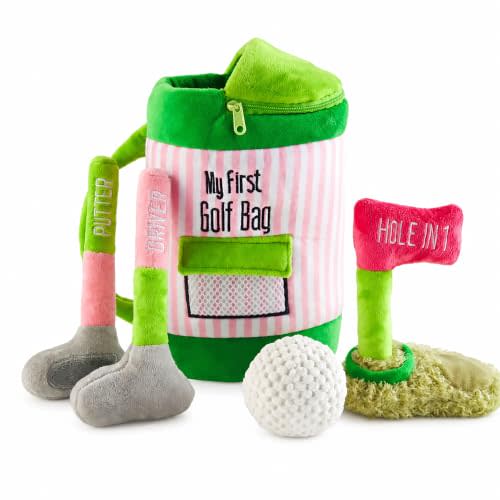 Mud Pie Pink Golf Plush Play Set, Baby Golf Bag Toy | Includes Driver, Putter, Ball Rattle and Flag, Ages 18 Months Up
