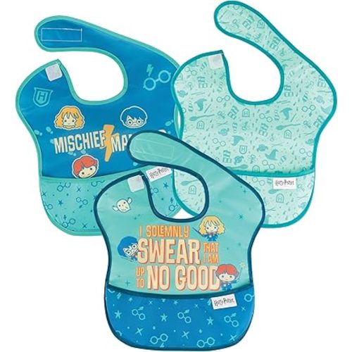 Bumkins Bibs for Girl or Boy, SuperBib Baby and Toddler for 6-24 Months, Essential Must Have for Eating, Feeding, Baby Led Weaning, Mess Saving Waterproof Soft Fabric, 3-pk Harry Potter Mischief