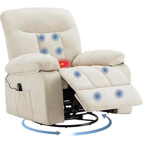 DUMOS Rocker Recliner Chair, Swivel Recliner with Vibration Massage & Lumbar Heating, 270° Rotating Chenille Fabric Recliner with footrest for Living Room & Bedroom, Beige
