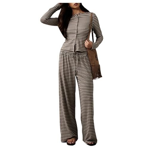WDIRARA Women's Striped 2 Piece Pants Outfits Long Sleeve Button Down Knit Top Set Leisure Fall Casual