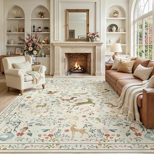 8x10 Area Rugs Boho Floral Washable Living Room Rug Neutral Carpet Bedroom