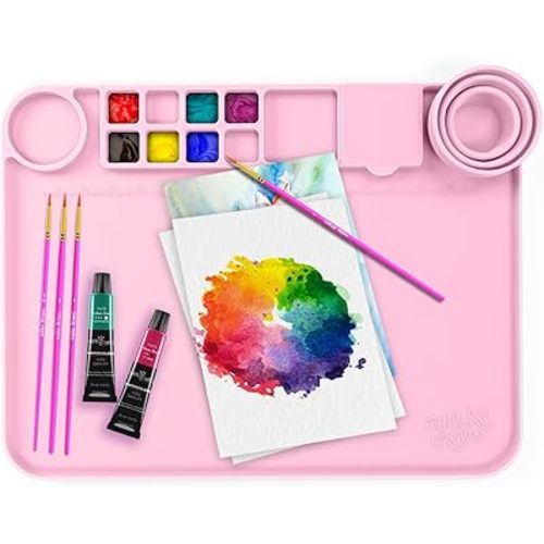 CHALKY CROWN - Silicone Mat with Silicone Cup for Crafts - Silicone Painting Mat - Thick Large Silicone Artist Mat with Cup & Raised Edge for Painting 17.7"x13.7" - Pink