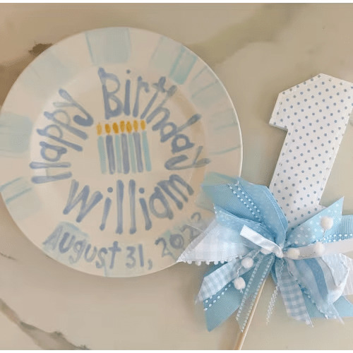 Hand-Painted Boy's Birthday Plate: Blue Stripes & Candles