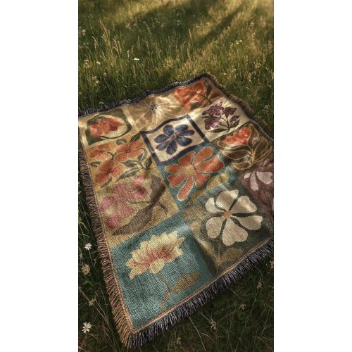 Retro Floral Woven Blanket | Rustic Preppy Mid Century Modern Tapestry | Organic Cotton Throw Blanket