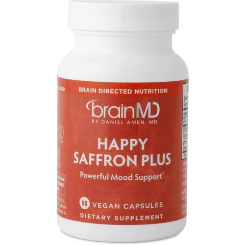 Dr Amen BrainMD Happy Saffron Plus - 90 Capsules - With Saffron Flower Extract, Curcumin & Zinc - Vegan, Gluten Free - 30 Servings