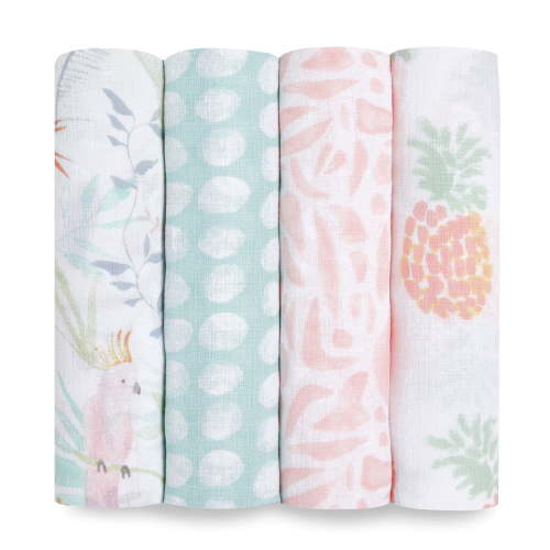 aden + anais Essentials, Cotton Muslin Swaddle Blanket, Tropicalia, Girls, Infants, 4-Pack