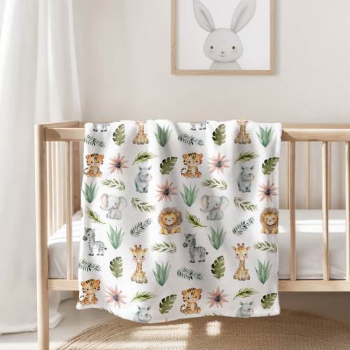 Jungle Safari Animal Fleece Baby Blanket | Lions, Tigers, Zebras, Giraffes, Rhinos, Elephants | Baby Shower & Birthday Gift