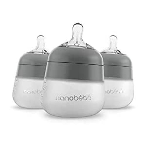 Nanobébé Flexy Silicone Baby Bottle, Anti-Colic, Natural Feel, Non-Collapsing Nipple, Non-Tip Stable Base, Easy to Clean 3-Pack, Gray, 5 oz - Grey - 5 Ounce 3-Pack