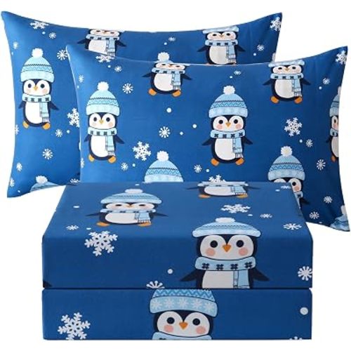 JSD Blue Penguin Snowflakes Kids Christmas Full Sheet Set 4 Piece