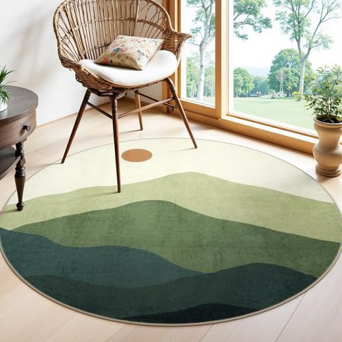 4ft Abstract Round Rug,Soft Washable Non-Slip Mountain Circle Classroom Rug,Chic Stain Resistant Low-Pile Throw Rugs for Entryway/Bedroom/Nursery/Living Room(Green)