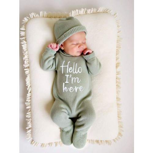 SHEIN 2Pcs Set "Hello I'm Here" Embroidery Newborn Boy Girl Photography Outfits Knitting Baby Romper Footed Jumpsuit With Hat Infant 1 Month 100 Days Photo Props Fall Winter | SHEIN USA
