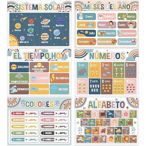 Spanish Educational Preschool Placemats Set of 6 Boho Plastic Table Mats Toddler Children Montessori Place Mats for Kids Washable Vinyl Holiday Table Decoration for Indoor Outdoor Party Kitchen Dining