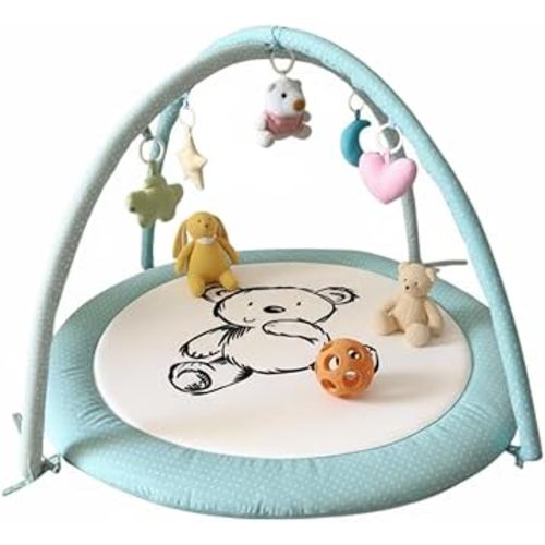 Baby Play Gym Mat & Activity Mat - 100% Cotton Soft Playmat with 6 Detachable Toys for Tummy Time, Machine Washable, Sensory Development Gift (Blue Bear)