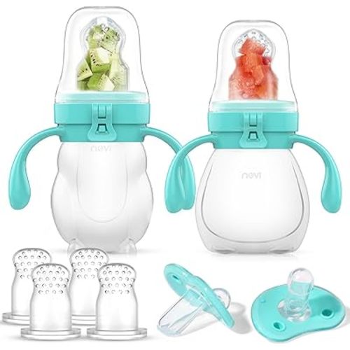 NCVI Baby Fruit Feeder | Fresh Food Pacifier | Silicone Teething Relief Toy, Appetite Stimulation for Feeding, BPA Free, 6 Replacement Nipple, 2Pack (Bear&Rabbit)
