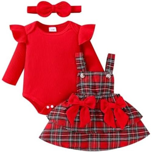 Baby Girl Clothes Fall Winter Outfit Long Sleeve Ruffle Romper Plaid Skirt Bow Headband 3 Pcs Set 0-18 Months