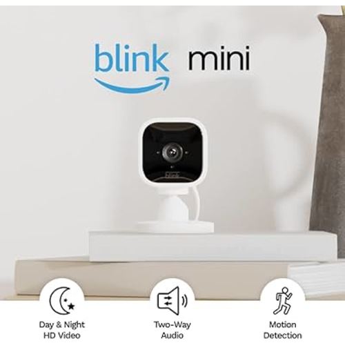 Blink Mini - Compact indoor plug-in smart security camera, 1080p HD video, night vision, motion detection, two-way audio, easy set up, Works with Alexa – 4 cameras (White)