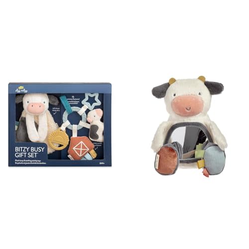 Itzy Ritzy Farm Toy and Sensory Mirror Gift Set - Cow Lovey, Farm Busy Ring, and Crinkle & Jingle Cow Mirror