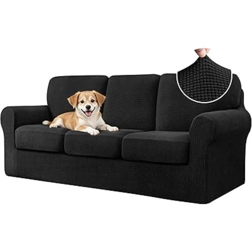 CHUN YI 7 Piece Couch Covers Sofa Covers Washable, Stretch Sofa Slipcovers for 3 Cushion Couch with Seperate Backrest and Cushion Covers, Anti Slip Furniture Protector for Dogs Pets (Large, Black)