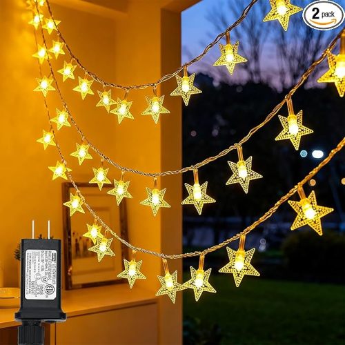 Twinkle Star 2 Pack 100 LED Star String Lights, Plug in Fairy String Lights Waterproof, Extendable for Indoor, Outdoor, Wedding Party, Christmas Tree, New Year, Garden Decoration, Warm White