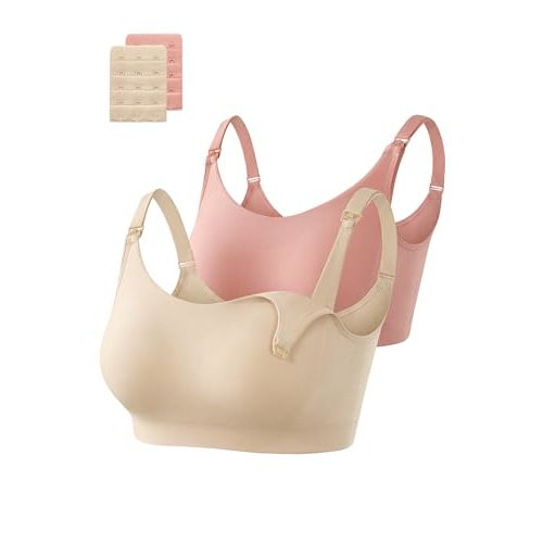 OUGES Women's Cotton 2 Pack Maternity Nursing Bras Breastfeeding Seamless Wireless Sleep Bralette with Extra Extenders