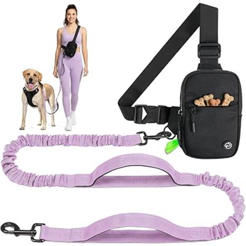 Hands Free Crossbody Dog Leash Bag with Built-in Poop Bag Dispenser & Storage, Dual Bungee Shock-Absorbing Leash with Dual Handles for Small, Medium, Large Dogs Walking Training (Lavender)