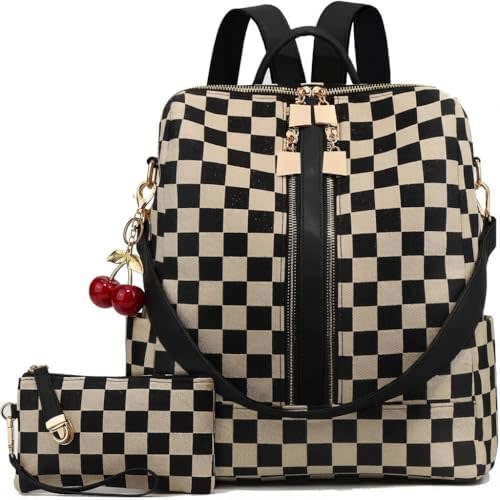 Lushandy Checkered Backpack Purse for Women, Brown Canvas Backpack Purse with Wallet Cherry Mom Everyday Backpacks for Work