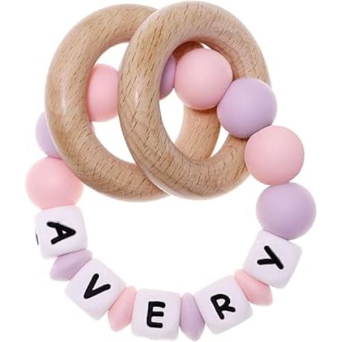 Munchewy Presonalized Teether with Name Baby Rattle Teether Ring, Customizable Silicone Sensory Chew Bracelet with Natural Organic Beech Wood Teething Rings for Girls Baby Shower Toys(Pink/Lilac)