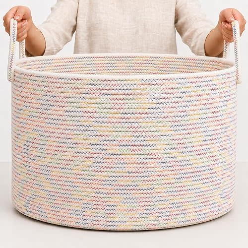 OrganiHaus Large Woven Storage Basket for Blankets and Toys 20" x 13" Inch - Rainbow Stitches